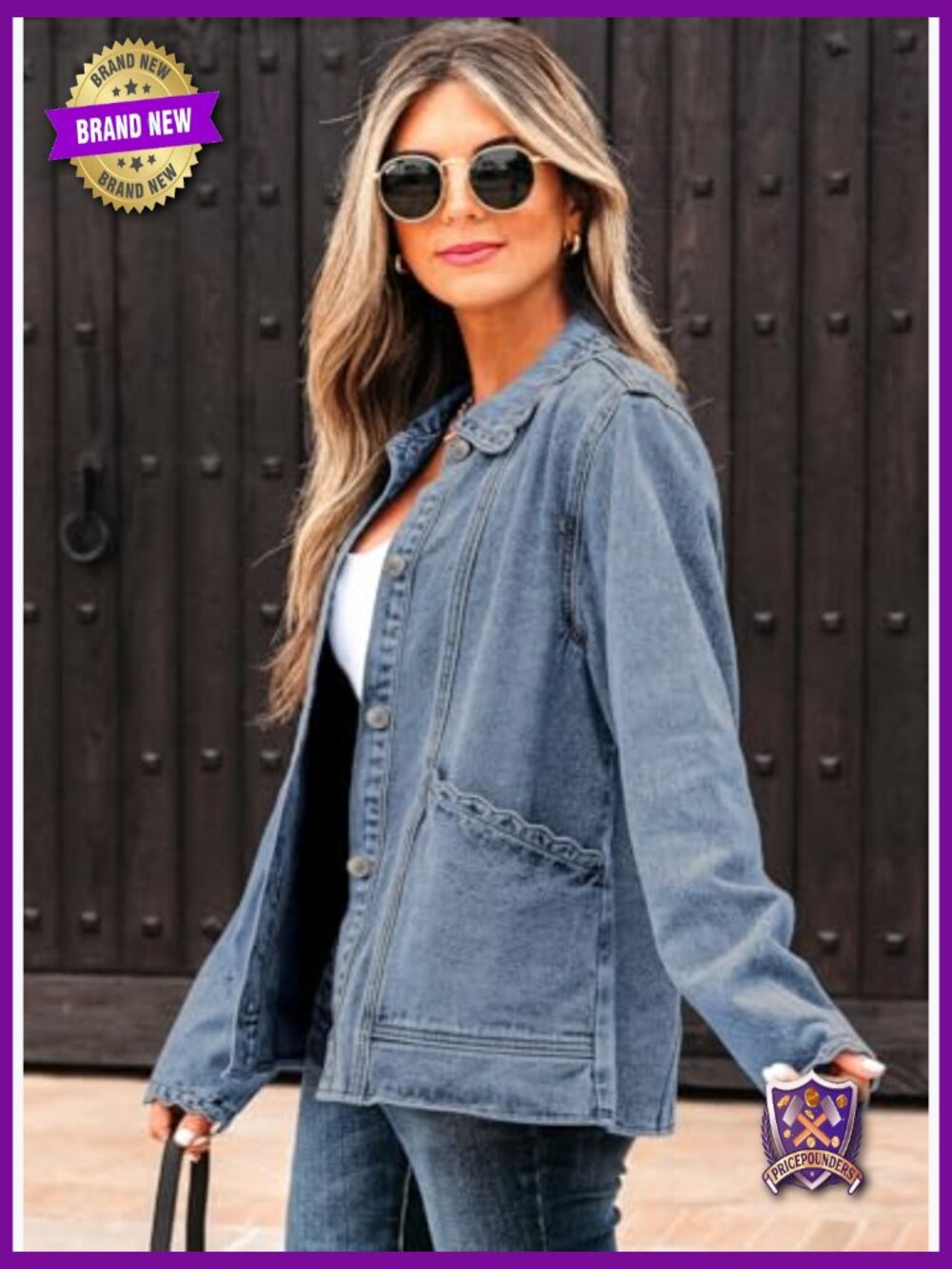 Women's Denim Jacket Long Sleeve Button Down Ruffled Shacket - Picture 3 of 7